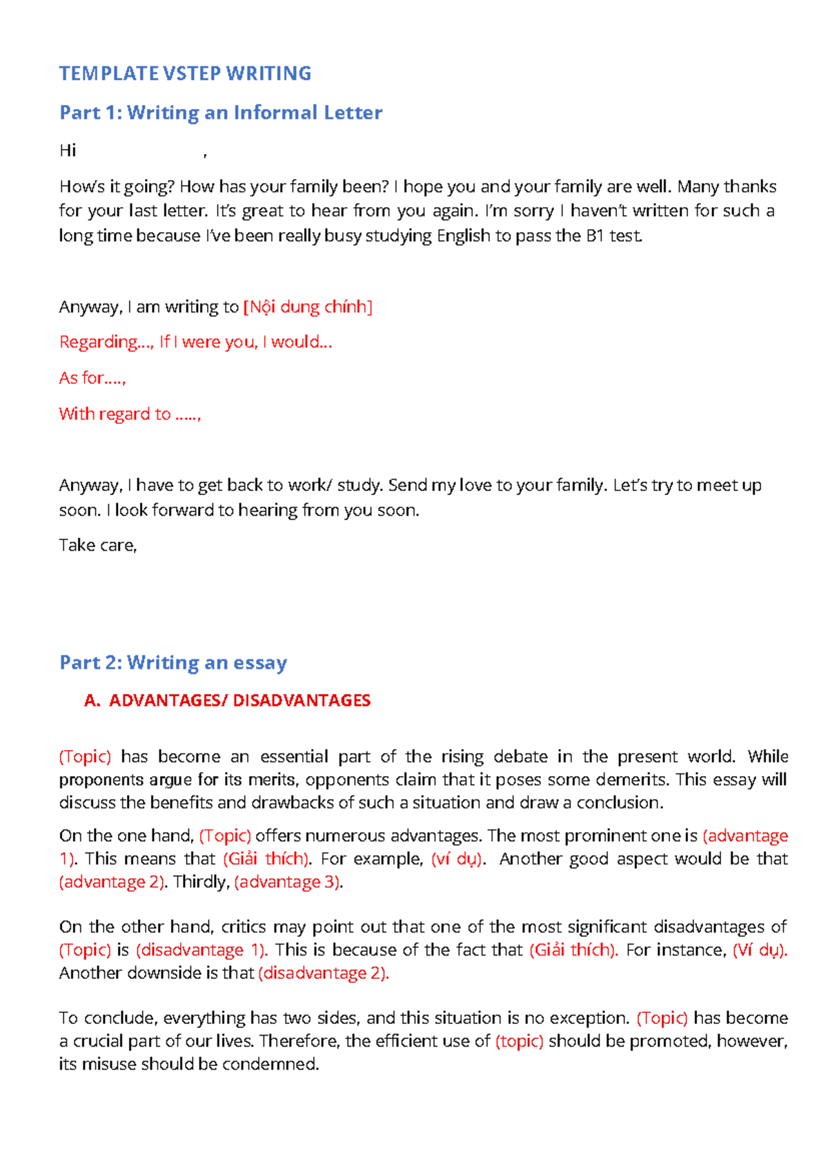 VSTEP Writing Template: Informal Letter & Essay Structure - Studocu