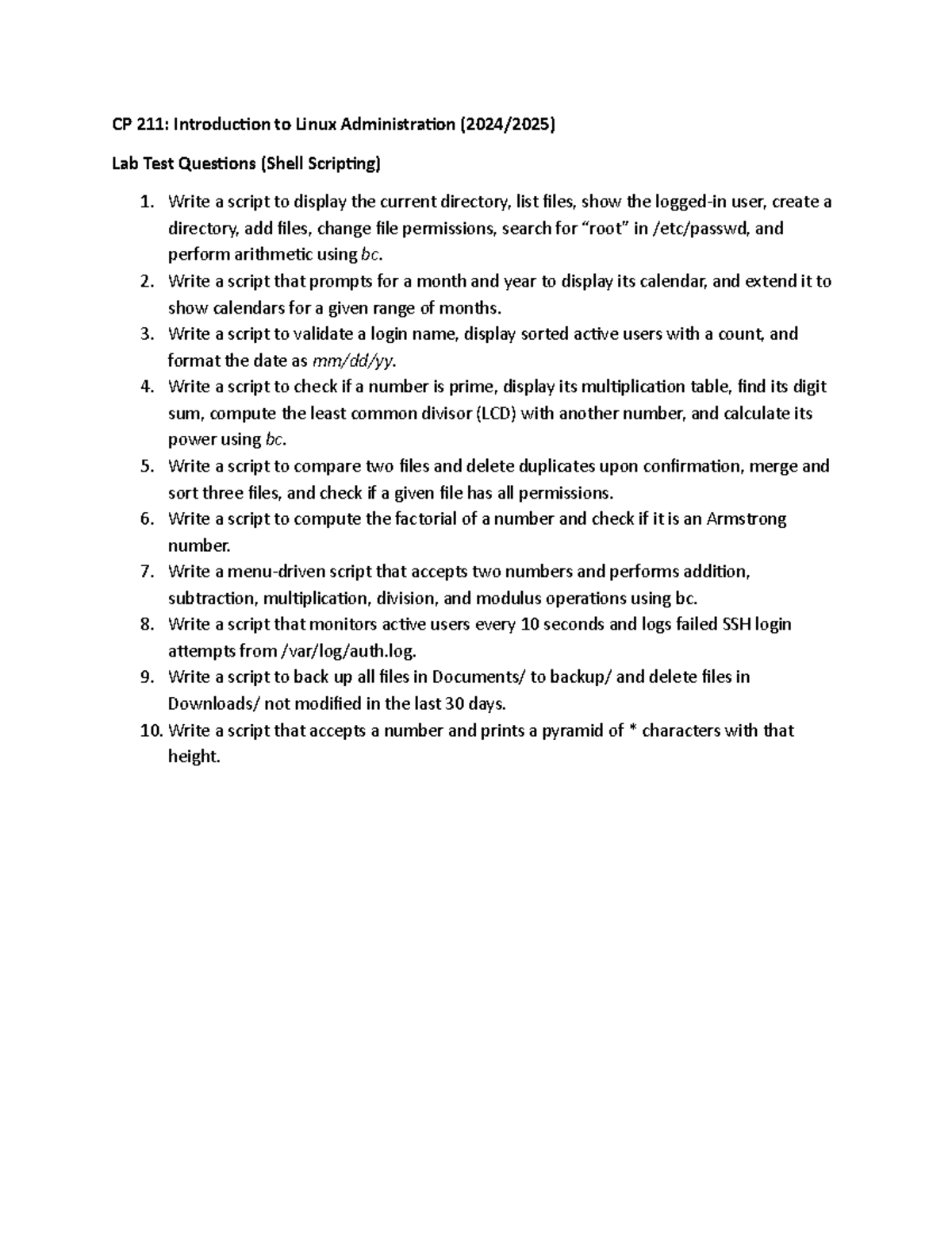 Lab Test CP 211 - Practical Shell Scripting Questions for Linux - Studocu
