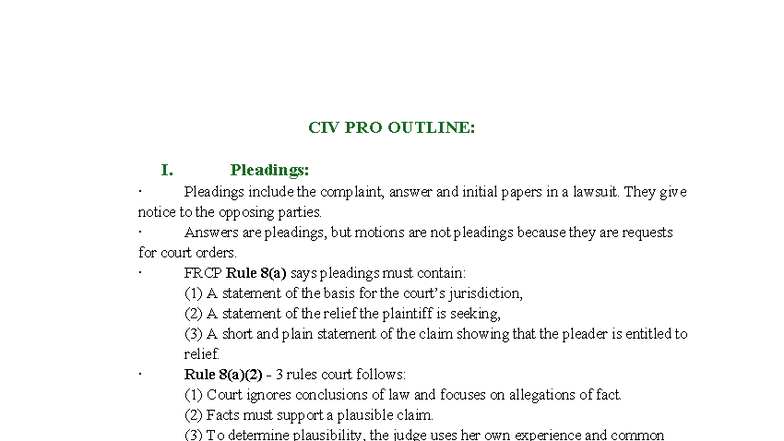 CIV PRO OUTLINE: Key Rules and Concepts for Pleadings and Motions - Studocu