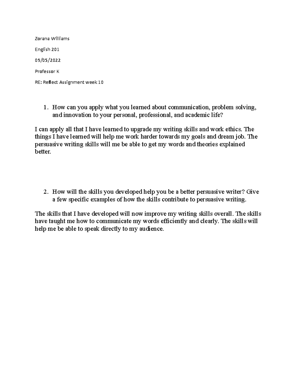 Reflect assignment week 10 english - Zorana Williams English 201 09/05 ...