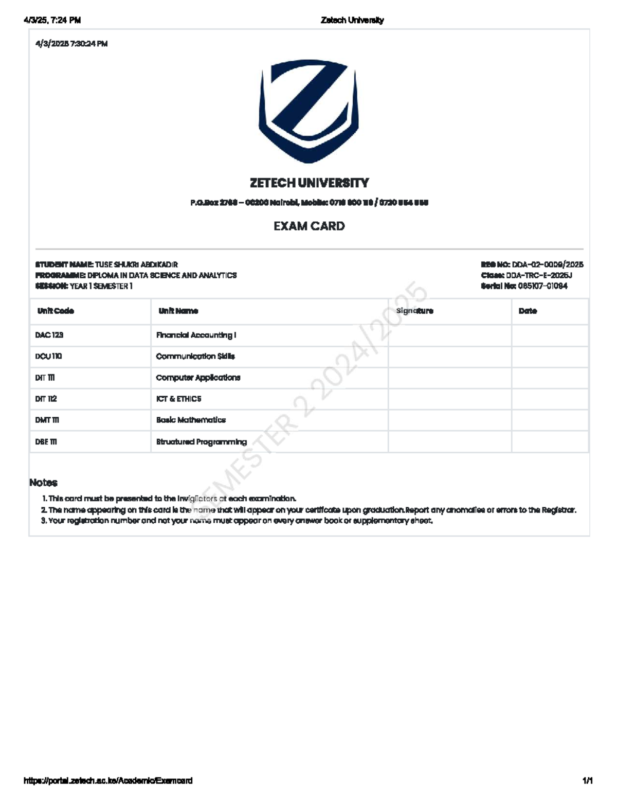 Exam Card - Diploma in Data Science & Analytics (Year 1 Sem 1) - Studocu