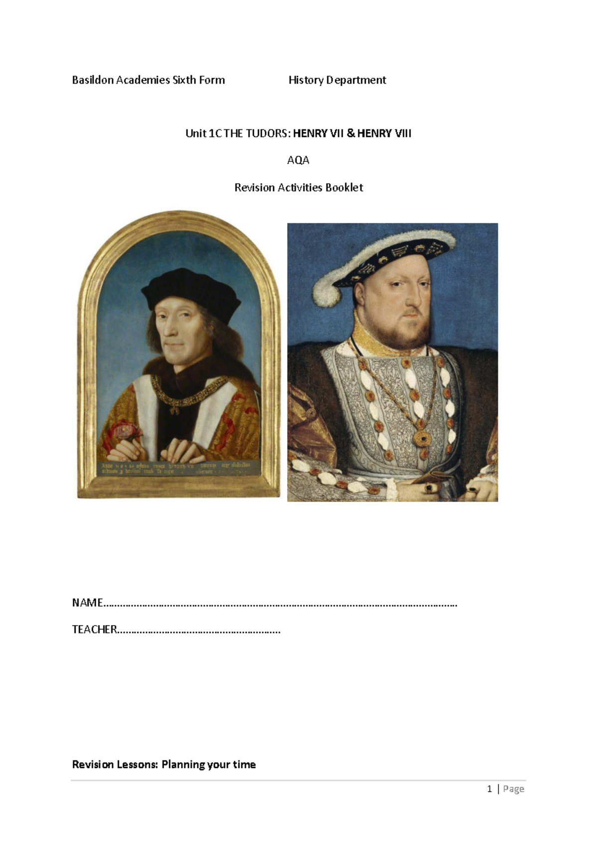 AQA History Unit 1C: The Tudors - Henry VII Revision Activities Guide ...