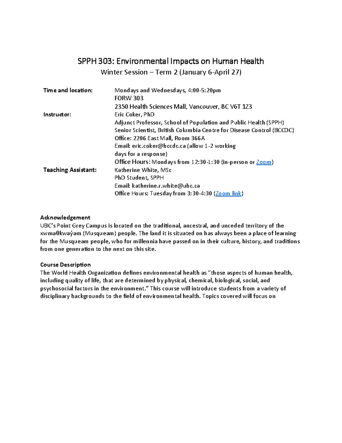 SPPH 303 - Environmental Health Syllabus Winter Term 2025 - Studocu