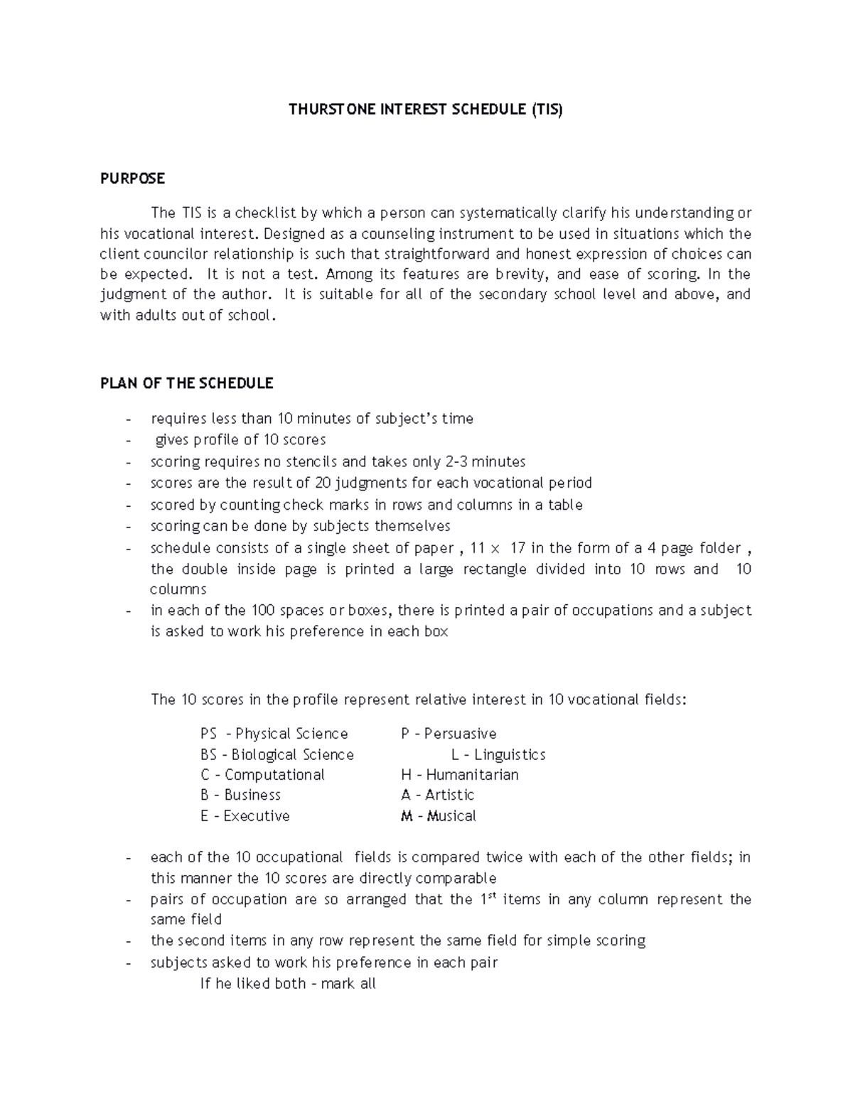 Thurstone Interest Schedule (TIS) - Counseling Manual and Guide - Studocu