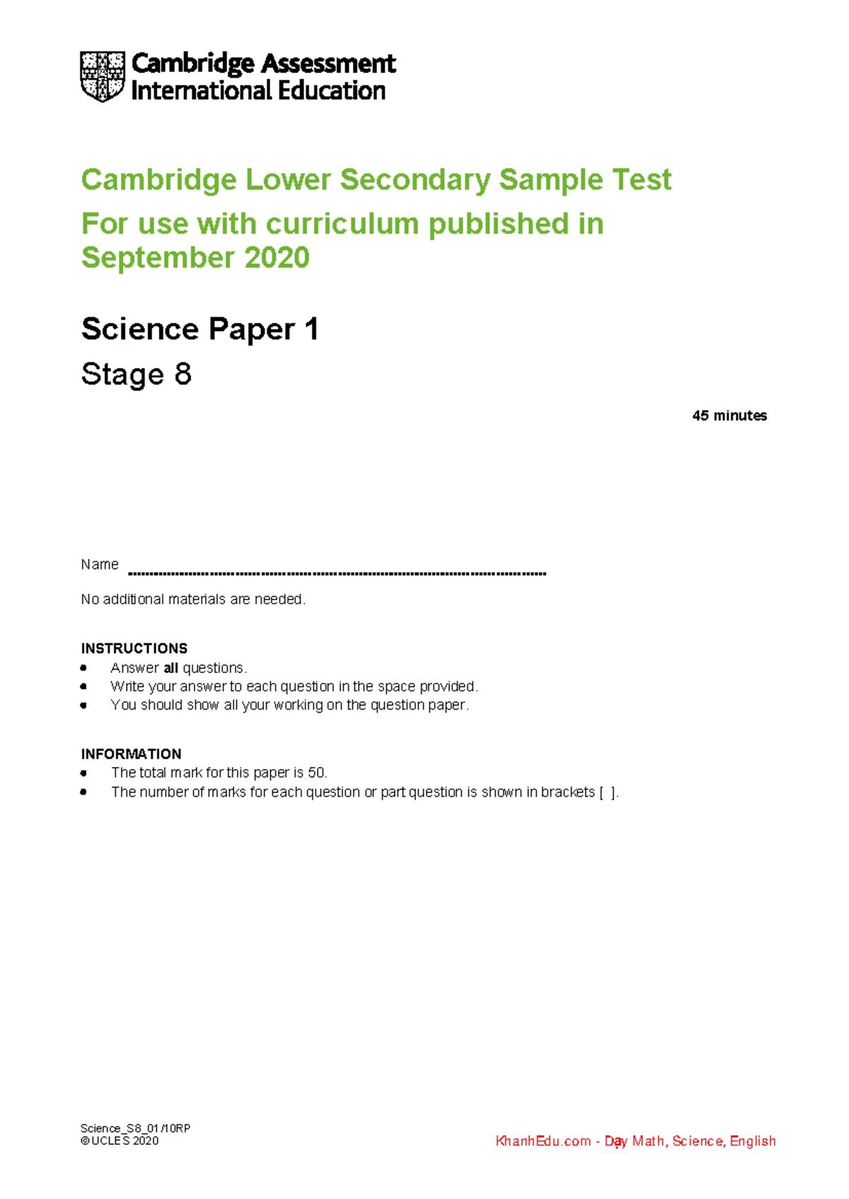 Cambridge Lower Secondary Science Stage 8 Progression Test Paper 1 ...
