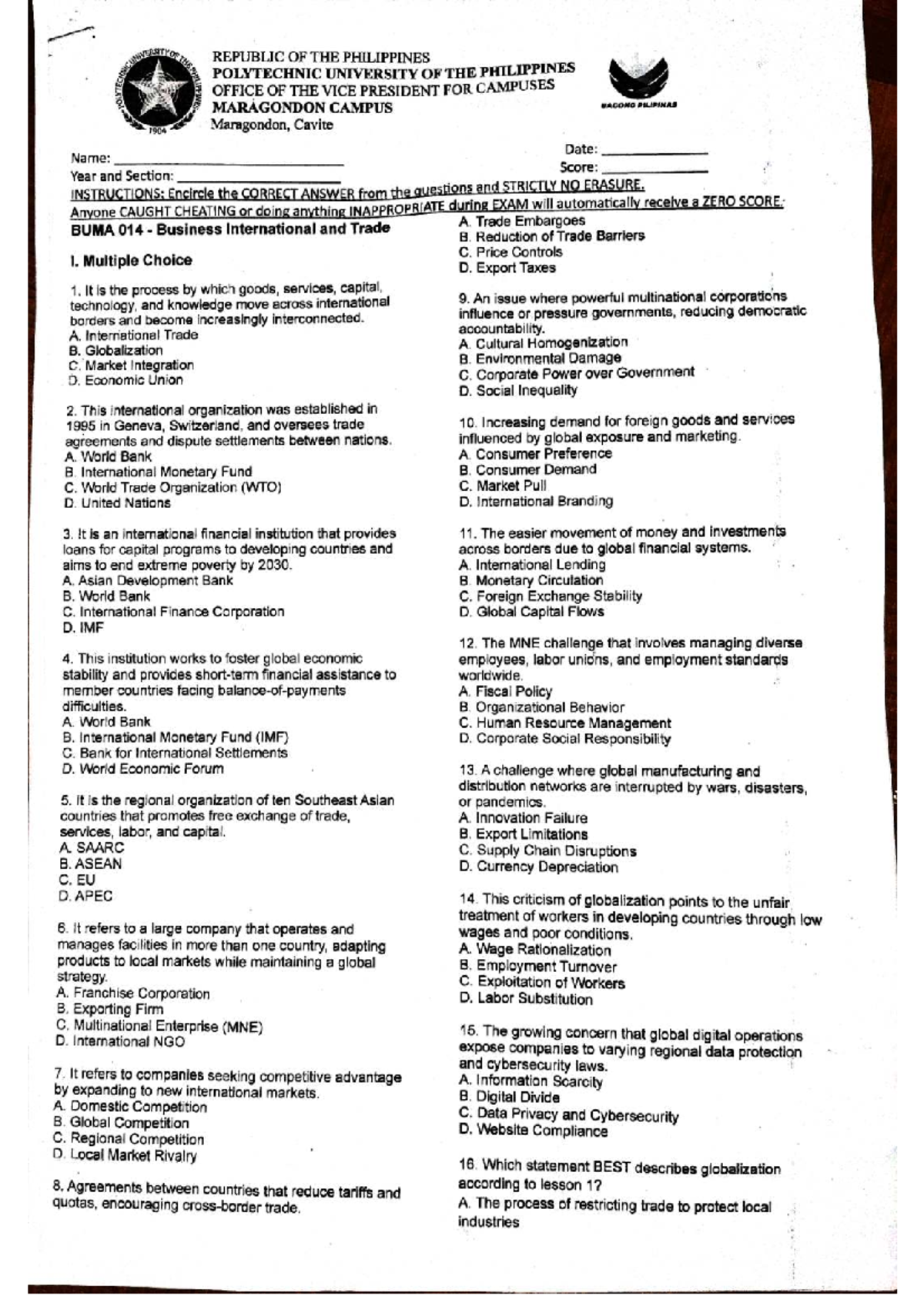 Midterm Exam Review for BUMA 014: International Trade Concepts - Studocu