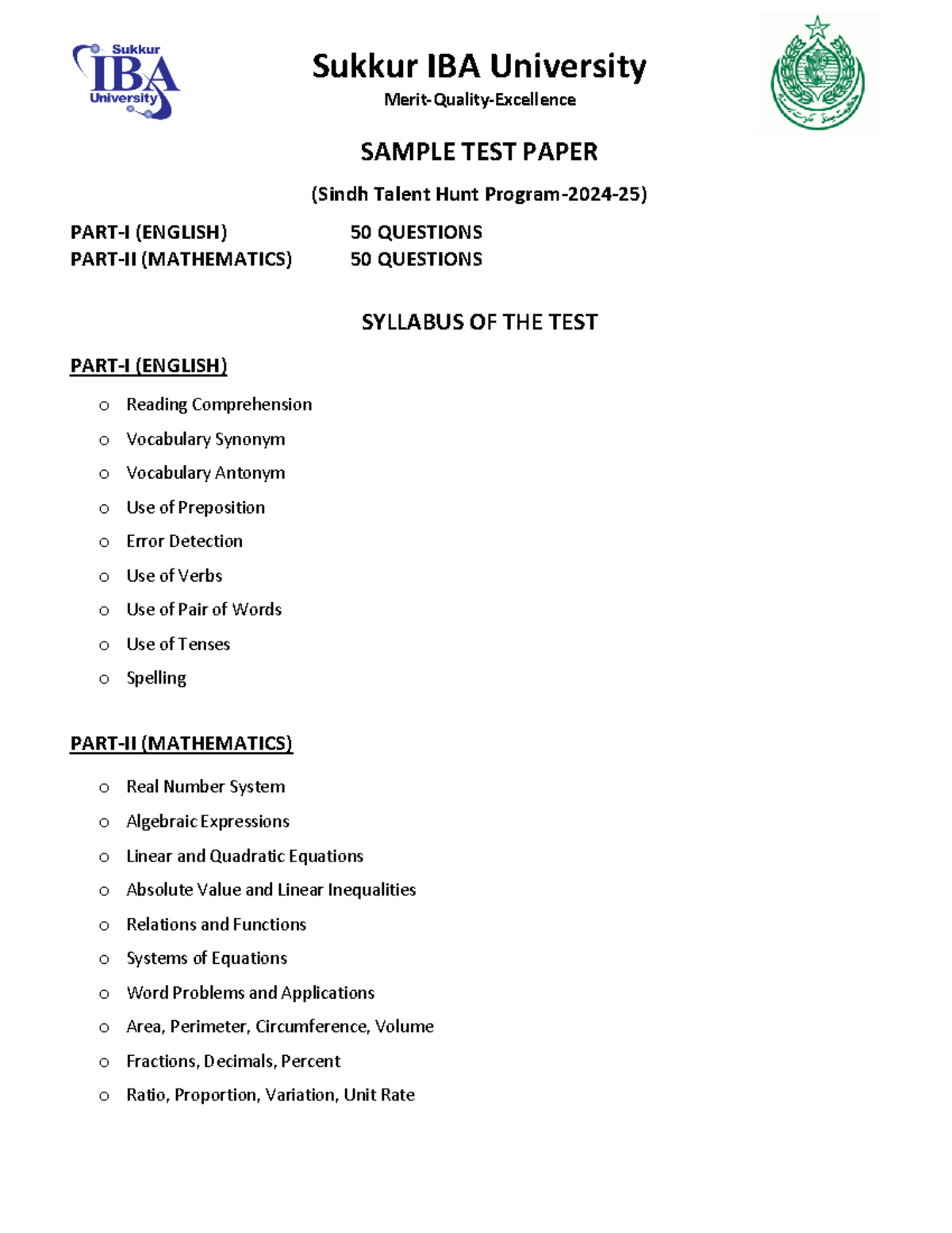 STHP-2024 Sample Test Paper: English & Math Questions Overview - Studocu