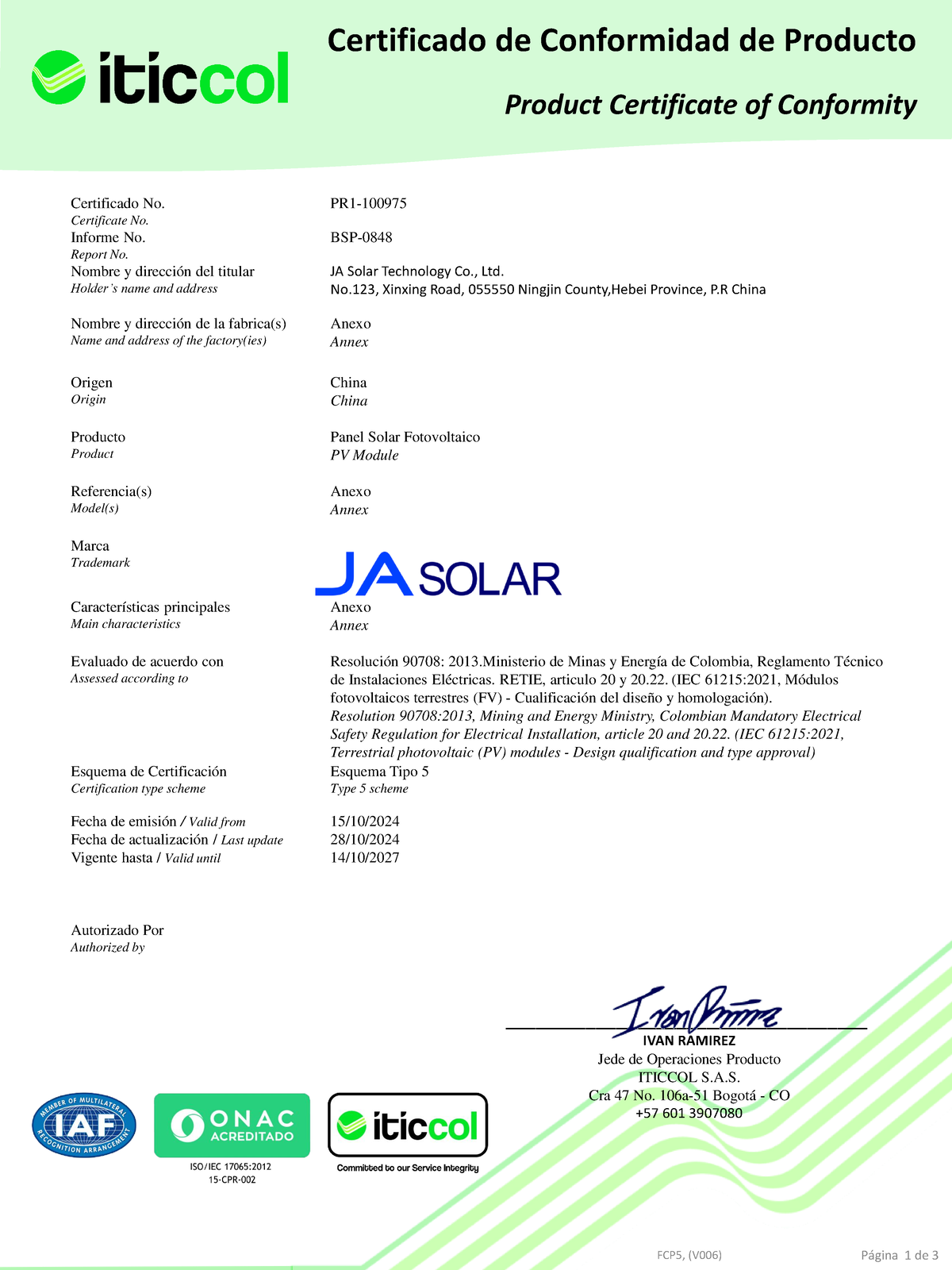 Certificado PR1-100975 de Panel Solar Fotovoltaico - JA Solar - Document Preview