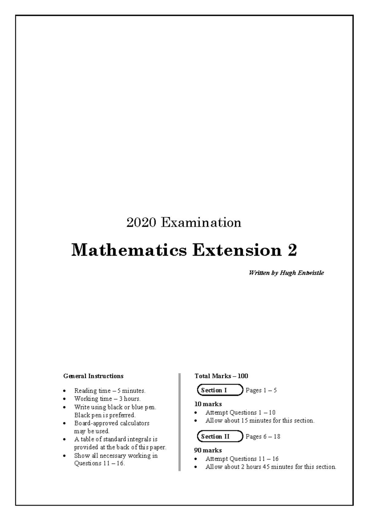 Challenge HSC Mathematics Extension 2 Exam Paper 2020 - Studocu