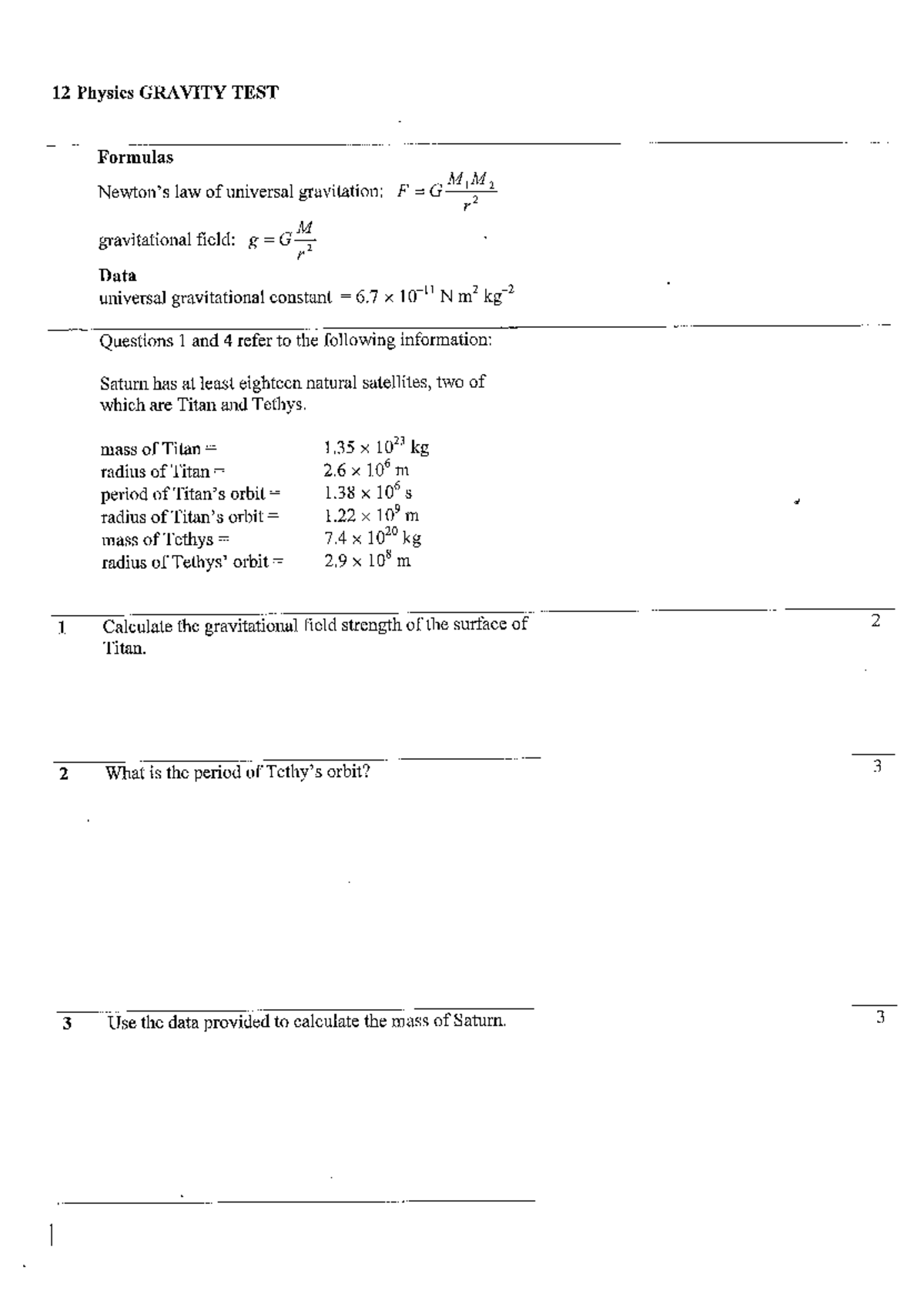 Gravity Test: Formulas & Calculations for Universal Gravitation - Studocu