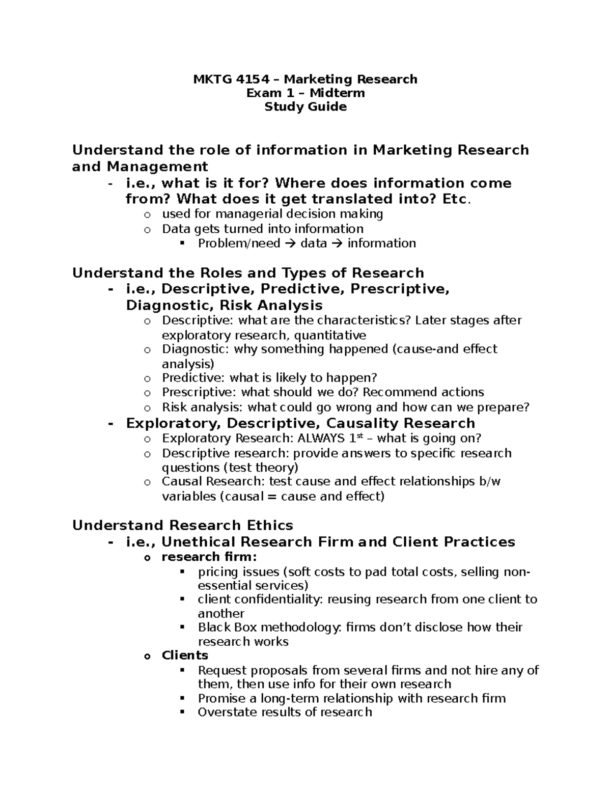 MKTG 4154 Marketing Research Midterm Exam Study Guide - Studocu