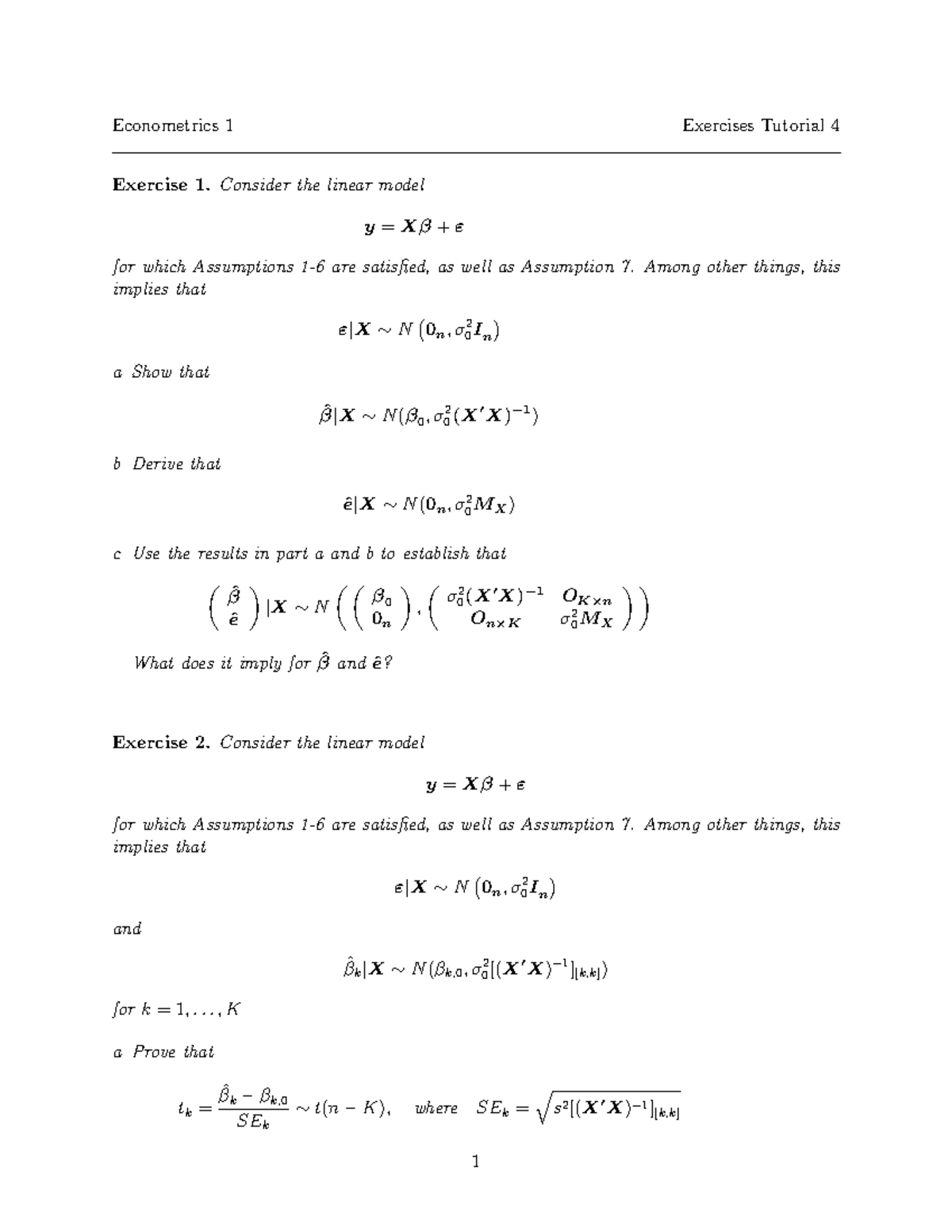 Econometrics 1 Tutorial 4 Exercises Solutions and Explanations ...