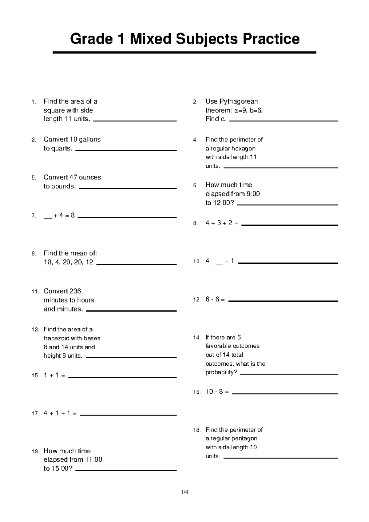 Grade 1 Math Practice: Mixed Problems and Solutions - Studocu