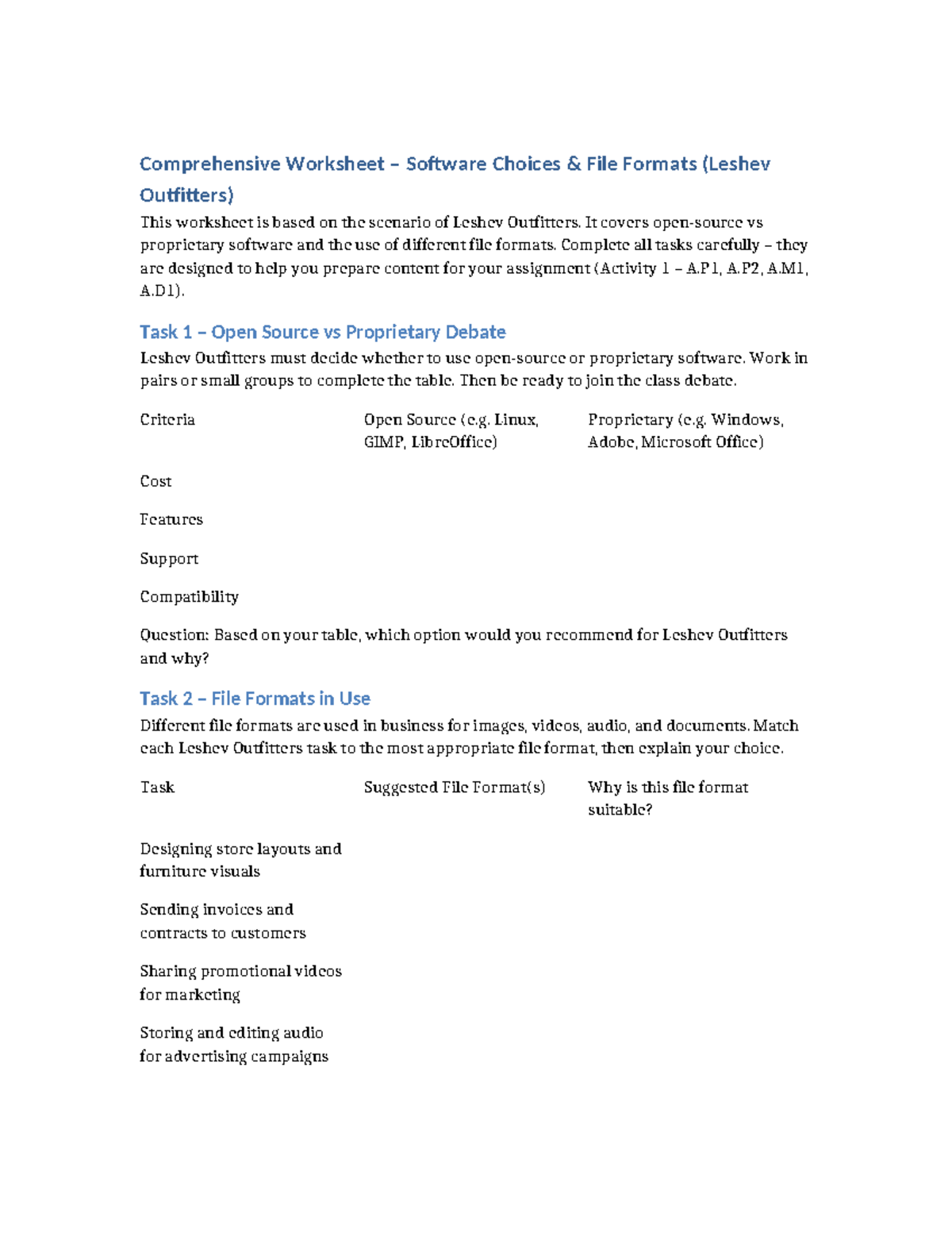 Software File Formats Worksheet for Leshev Outfitters (Activity 1 A.P1 ...