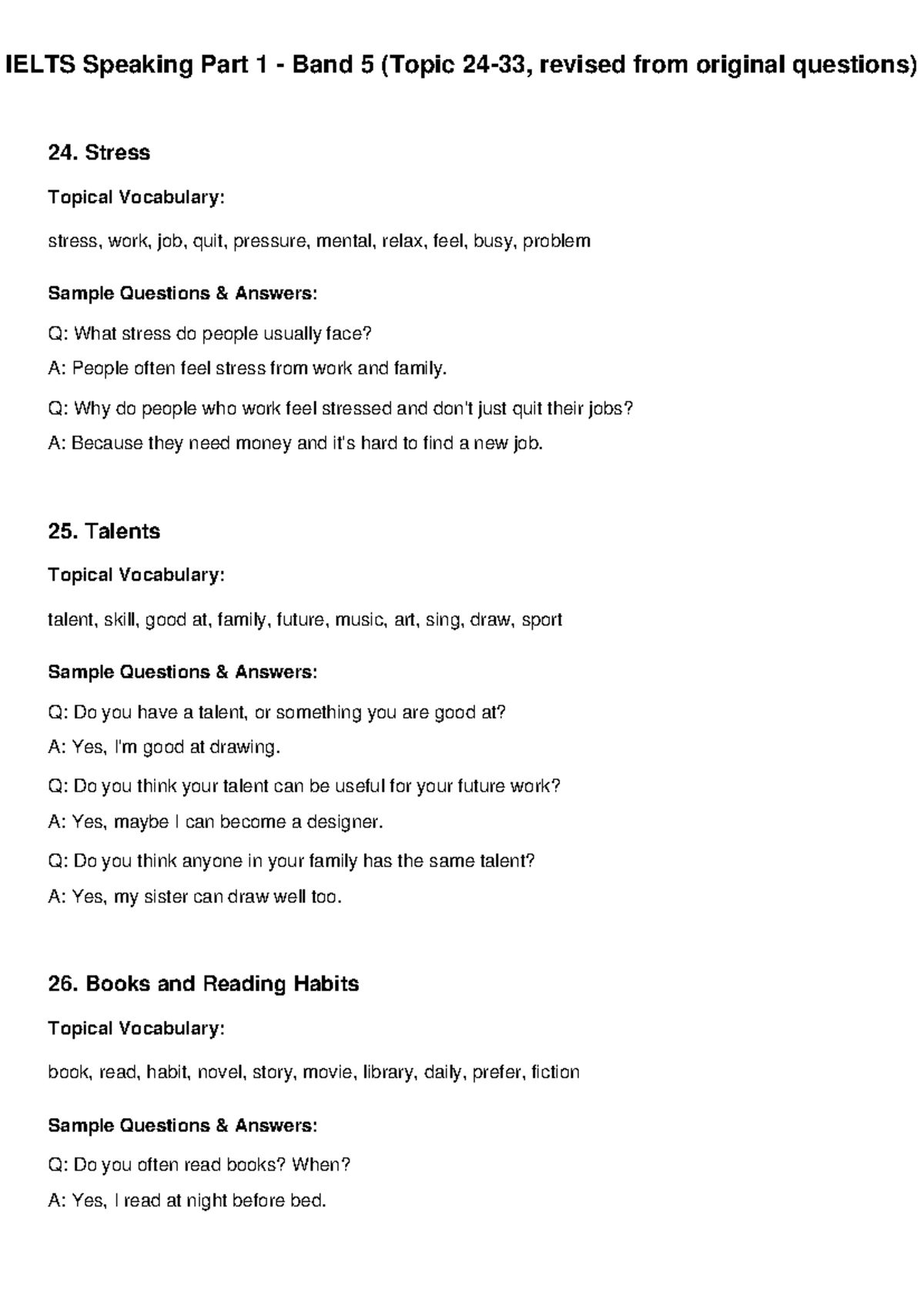 IELTS Speaking Part 1 Band 5: Topics 24-33 Vocabulary & Answers - Studocu