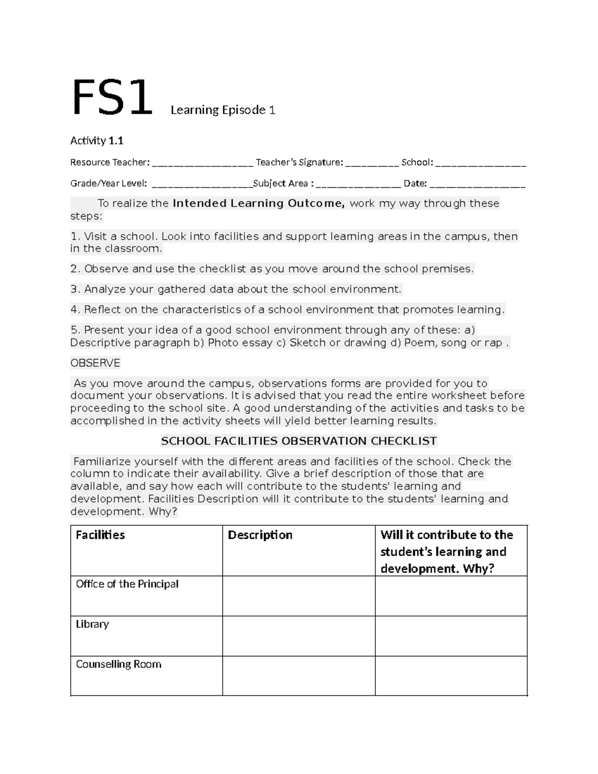 FS1 Learning Episode 1: School Environment Observation Guide - Studocu
