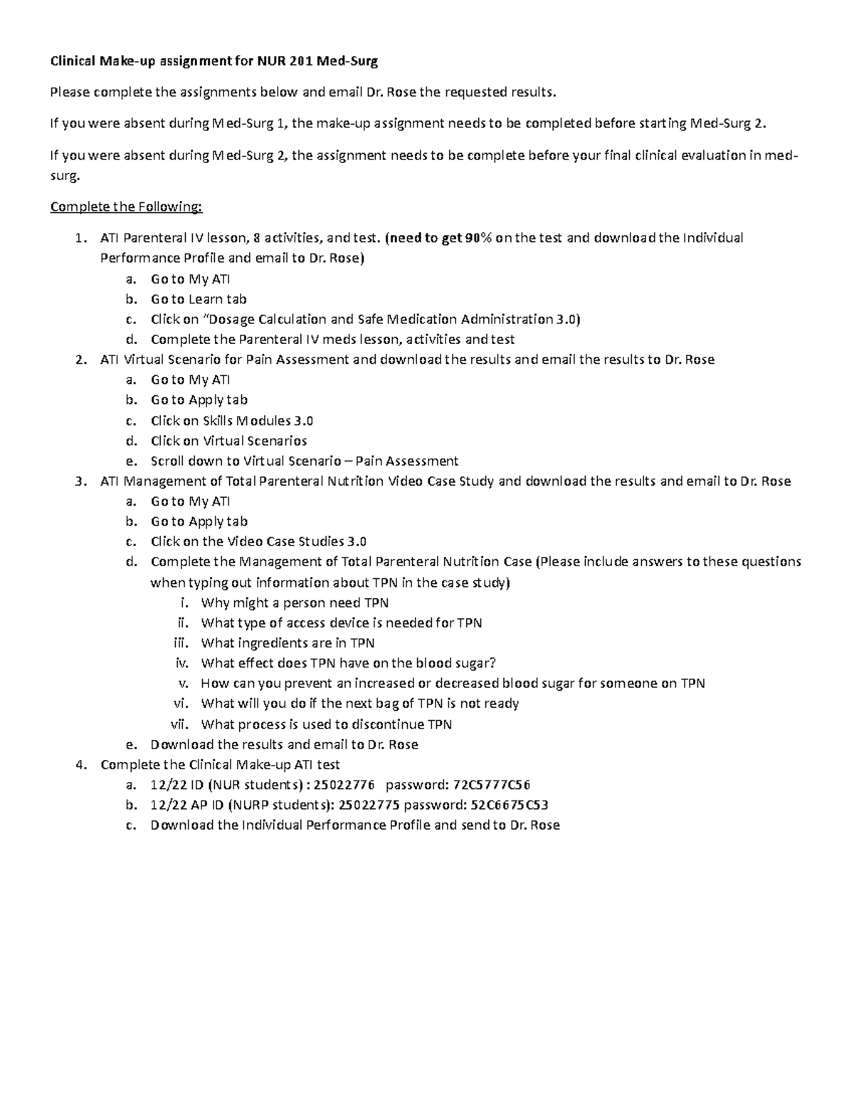Clinical Make-up Assignment Overview for NUR 201 Med-Surg - Studocu