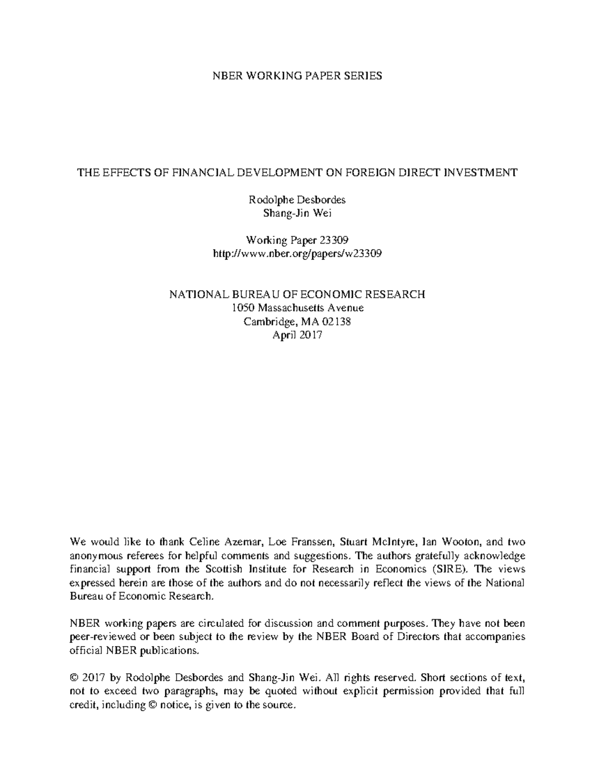 The Effects of Financial Development on FDI: NBER Working Paper 23309 ...