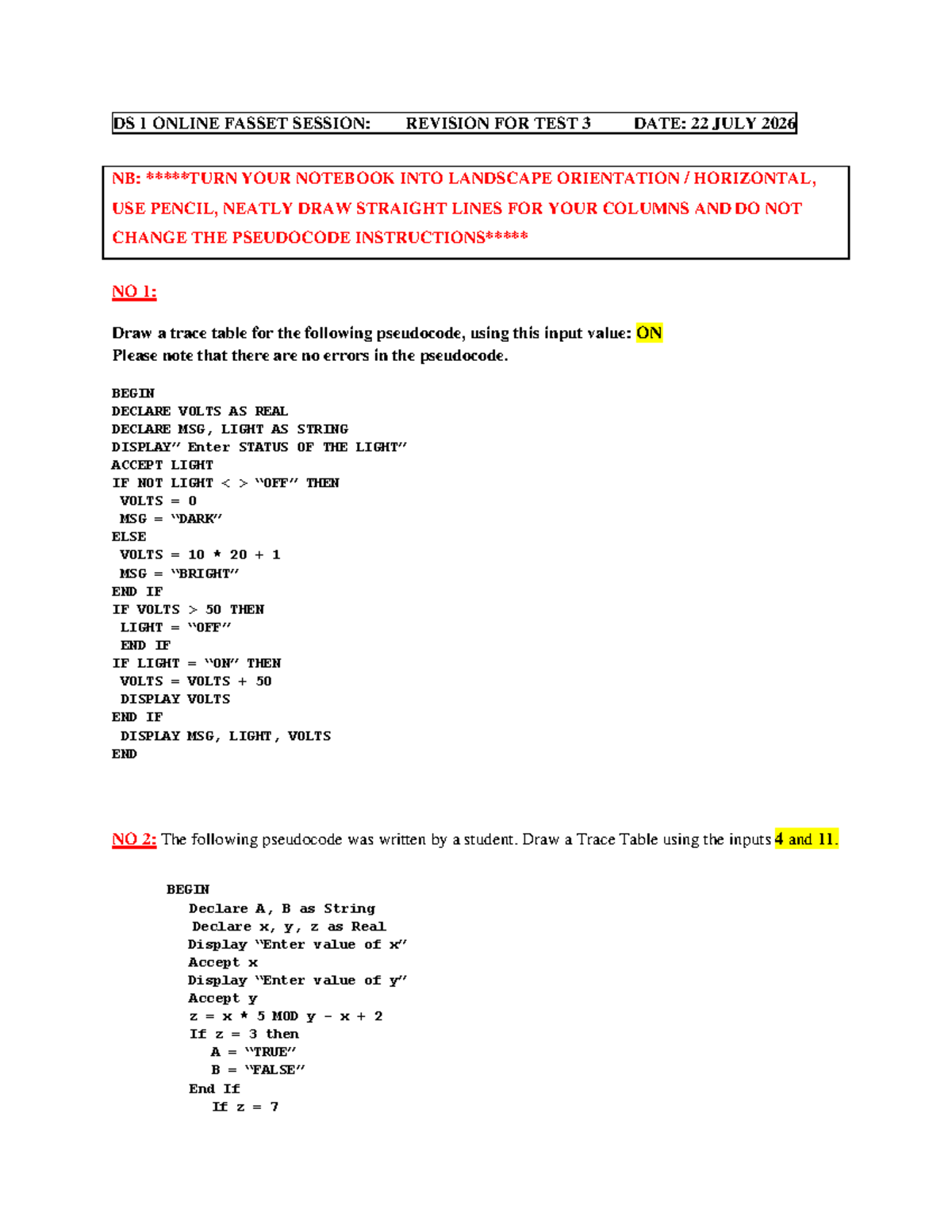 DS 1 ONLINE FASSET SESSION: REVISION FOR TEST 3 - TRACE TABLES - Studocu