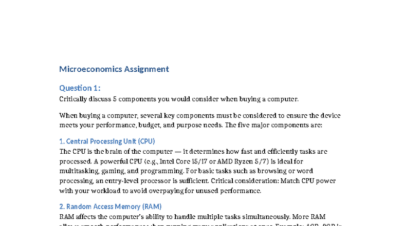 Microeconomics Assignment: Key Components for Buying a Computer - Studocu