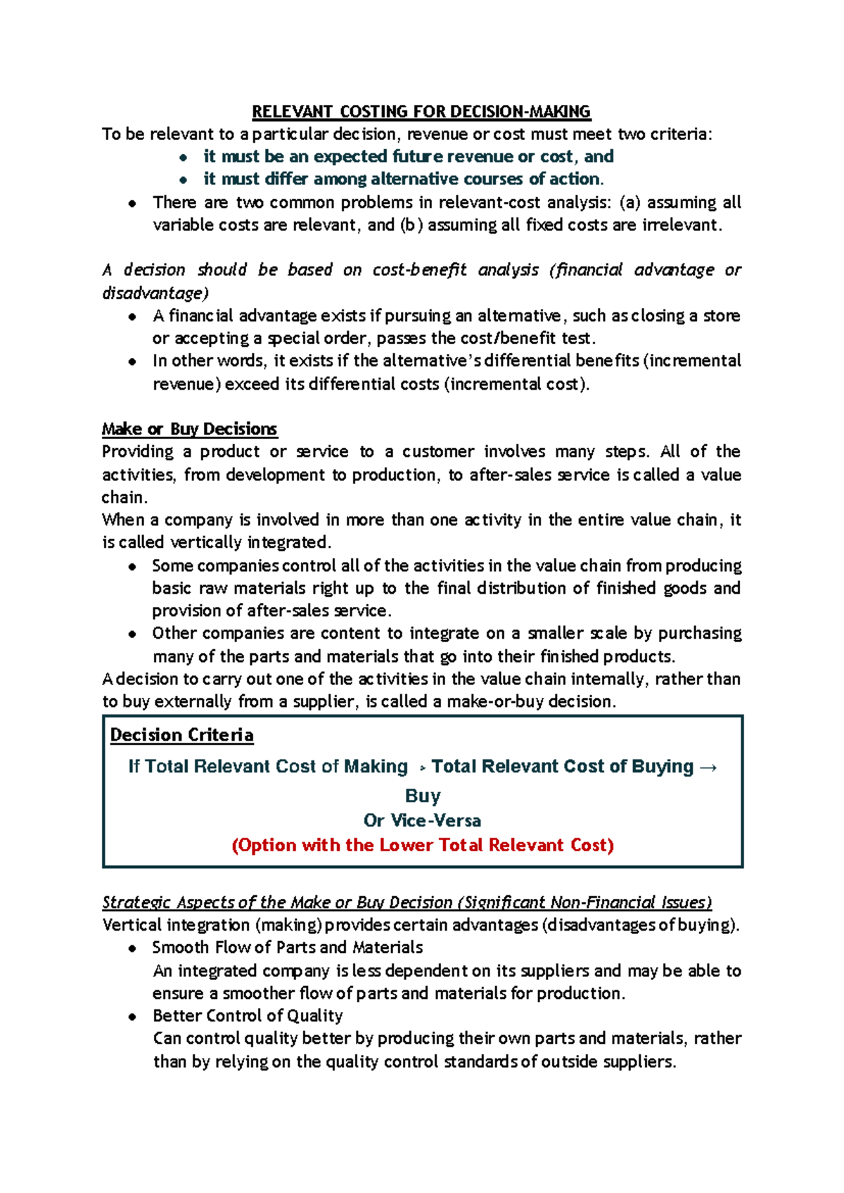 Relevant Costing for Decision-Making: Key Concepts and Criteria - Studocu