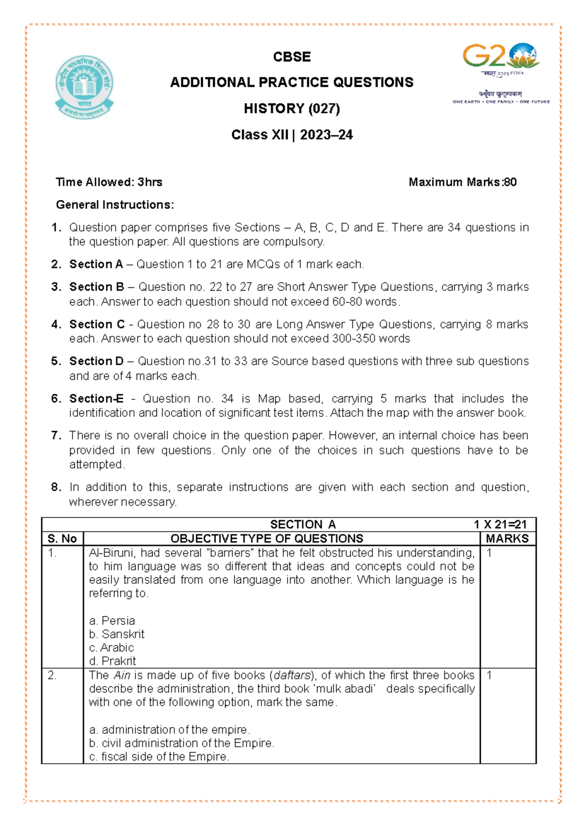 CBSE Class XII History Additional Practice Questions (027) - Studocu