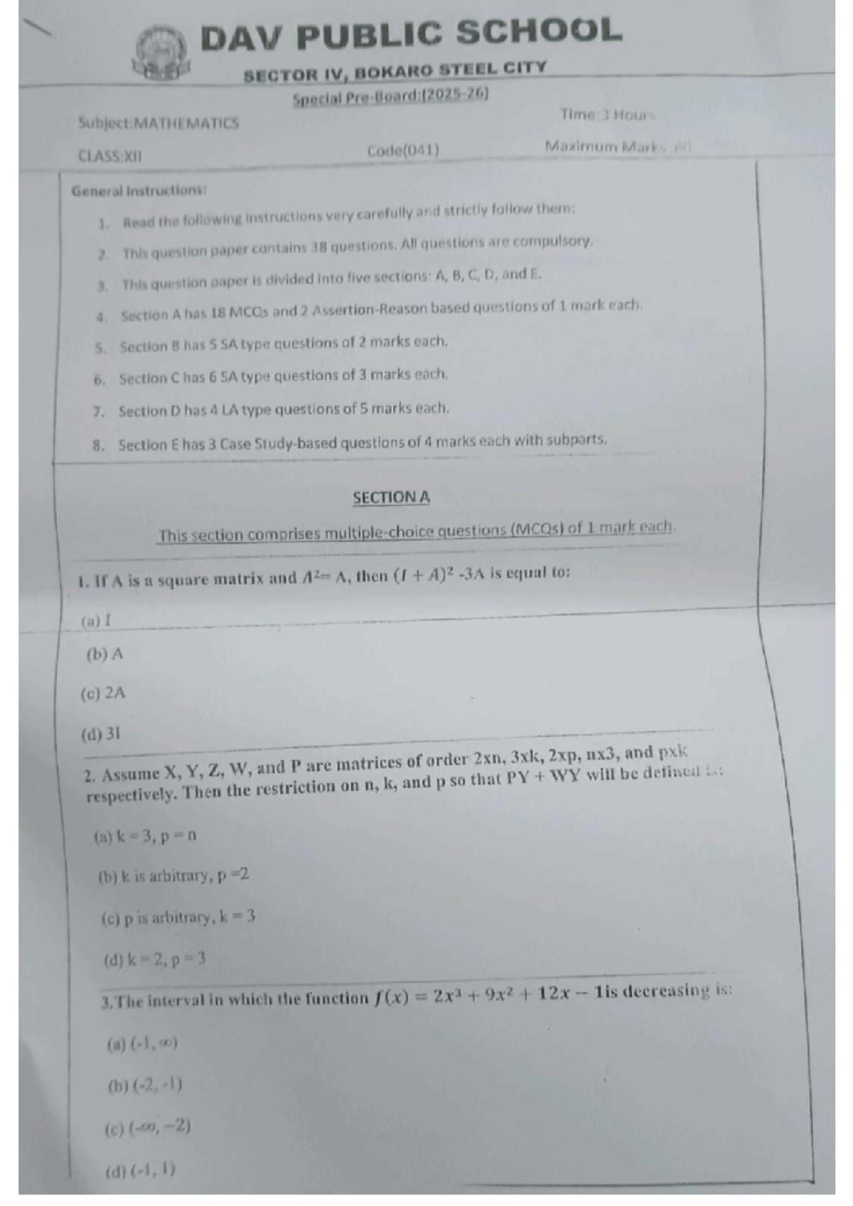 Maths Special Pre-Board Paper for Class XII (041) - Studocu