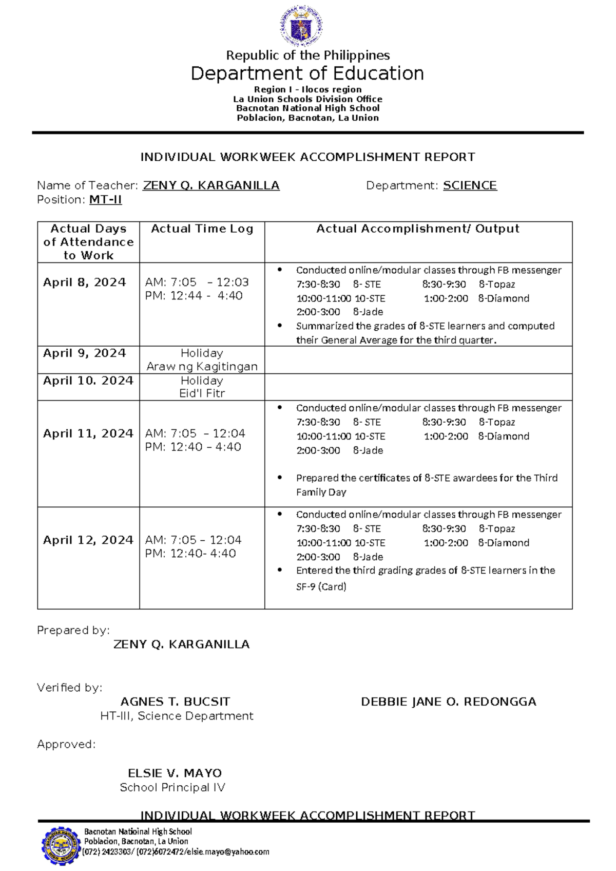 Individual Workweek Accomplishment- Apr 8-12 - Department of Education ...