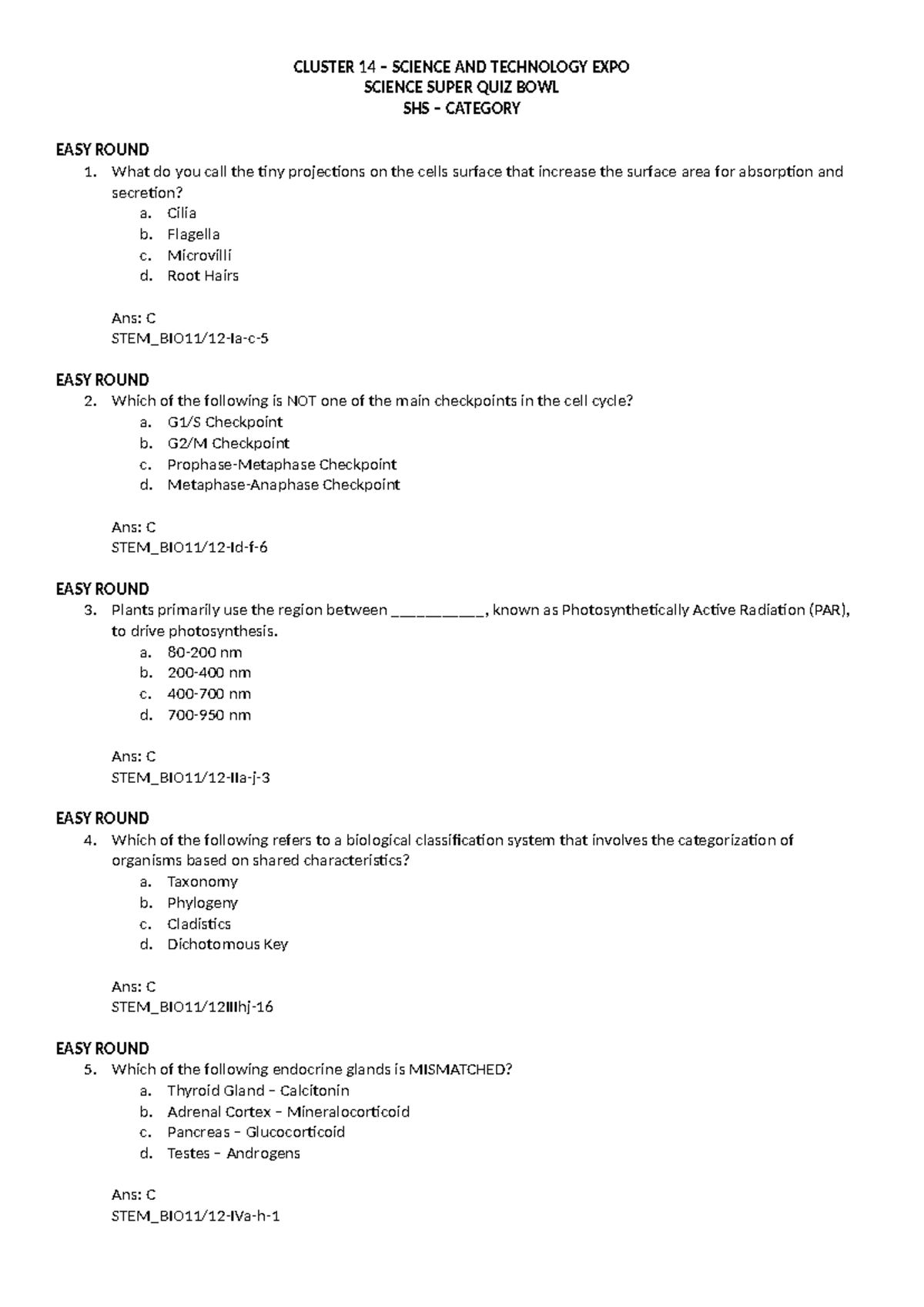 2024 SHS Cluster Quiz Bee: Science and Technology Questions - Studocu