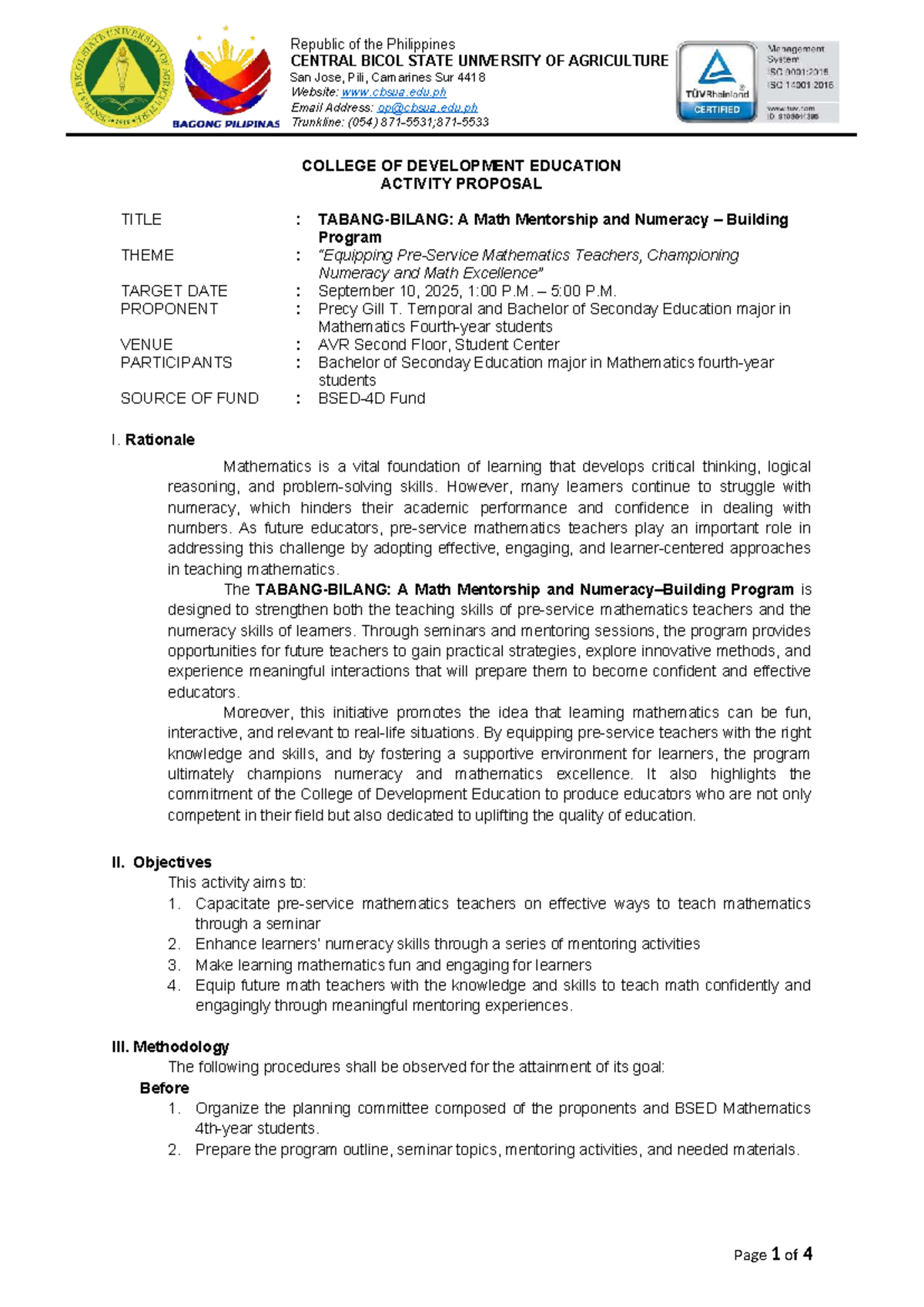 BSED 4D Activity Proposal: A Math Mentorship & Numeracy Program - Studocu