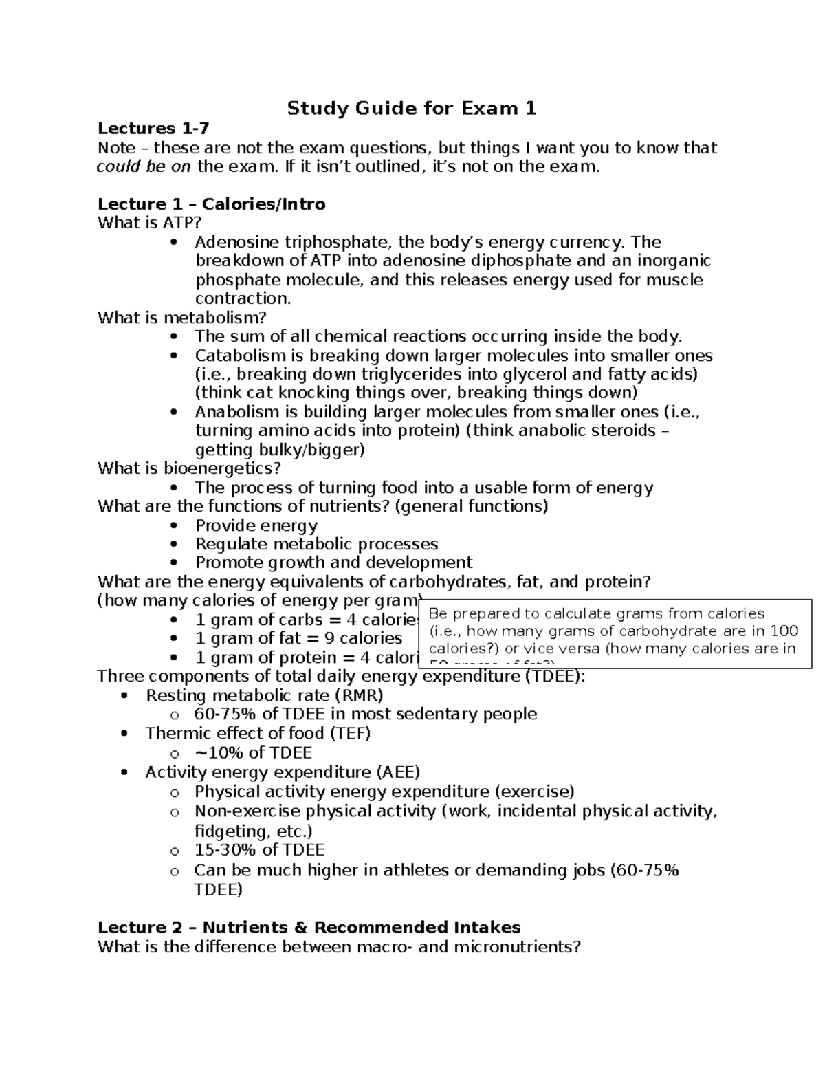 Study Guide for Exam 1: Nutrition & Metabolism (NUTR 101) - Studocu