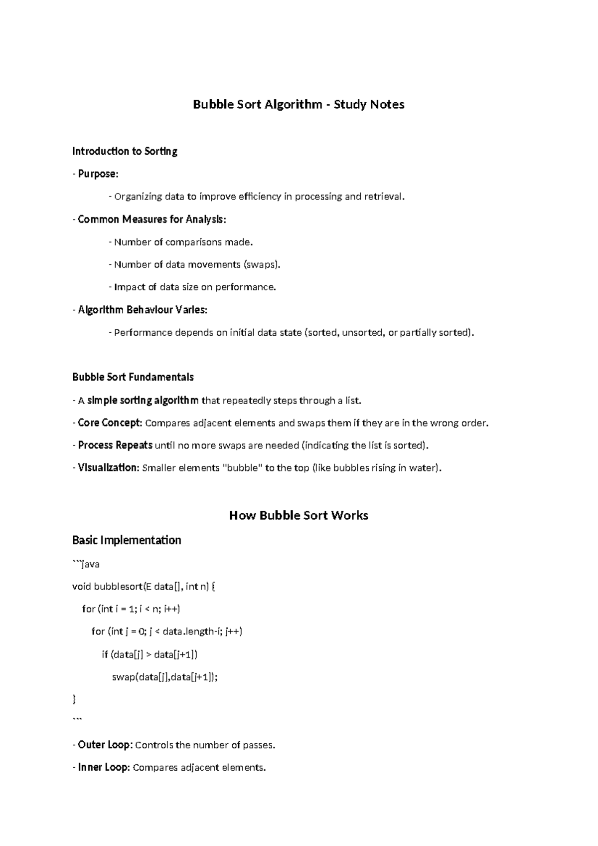 Bubble Sort Algorithm Study Notes: Introduction to Sorting - Studocu