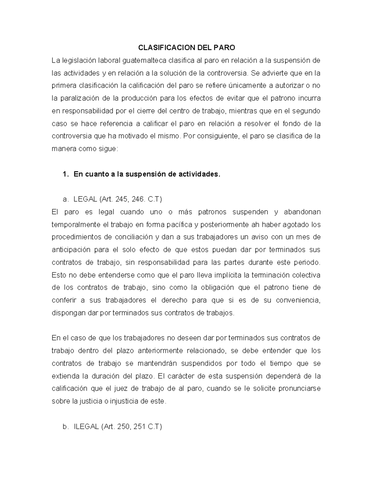 Clasificación del Paro en la Legislación Laboral de Guatemala - Studocu