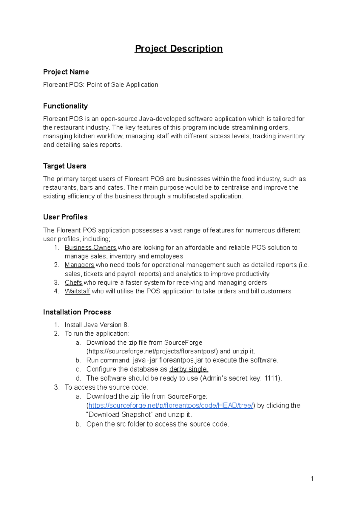 Project Description - Project Description Project Name Floreant POS ...