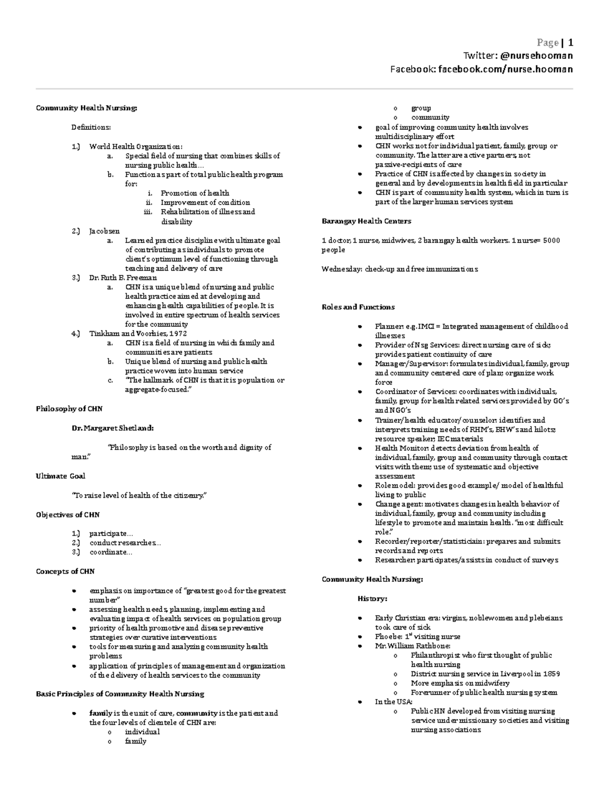 CHN-Notes: Summary of Community Health Nursing Principles and History ...