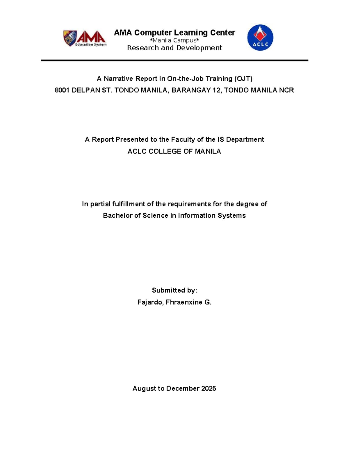 OJT Narrative Report: Insights from Gat Andres Bonifacio Medical Center ...