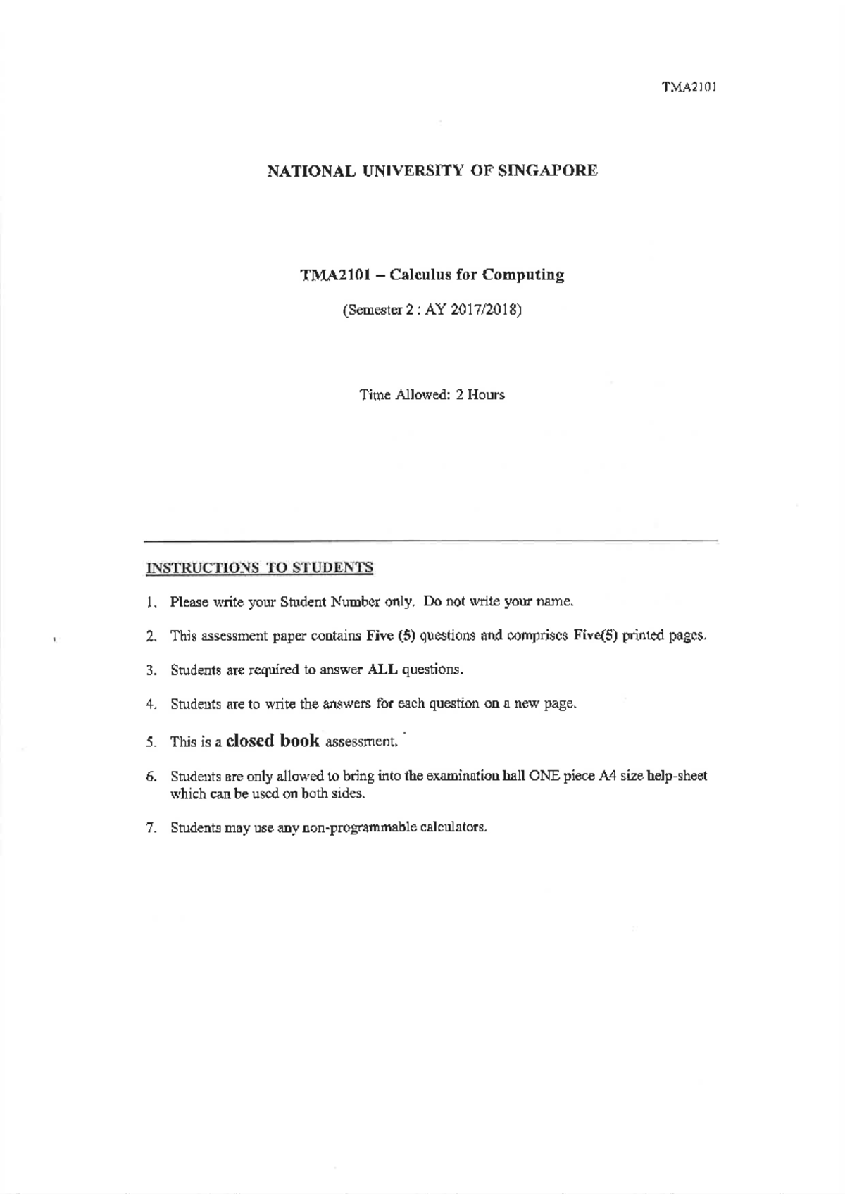 TMA2101 Calculus for Computing Exam Paper - AY1718 Semester 2 - Studocu