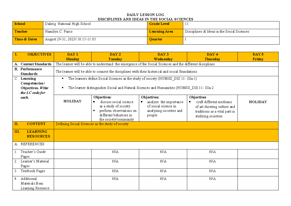 DLL WEEK 1 Lesson Plan for Disciplines in Social Sciences - Studocu