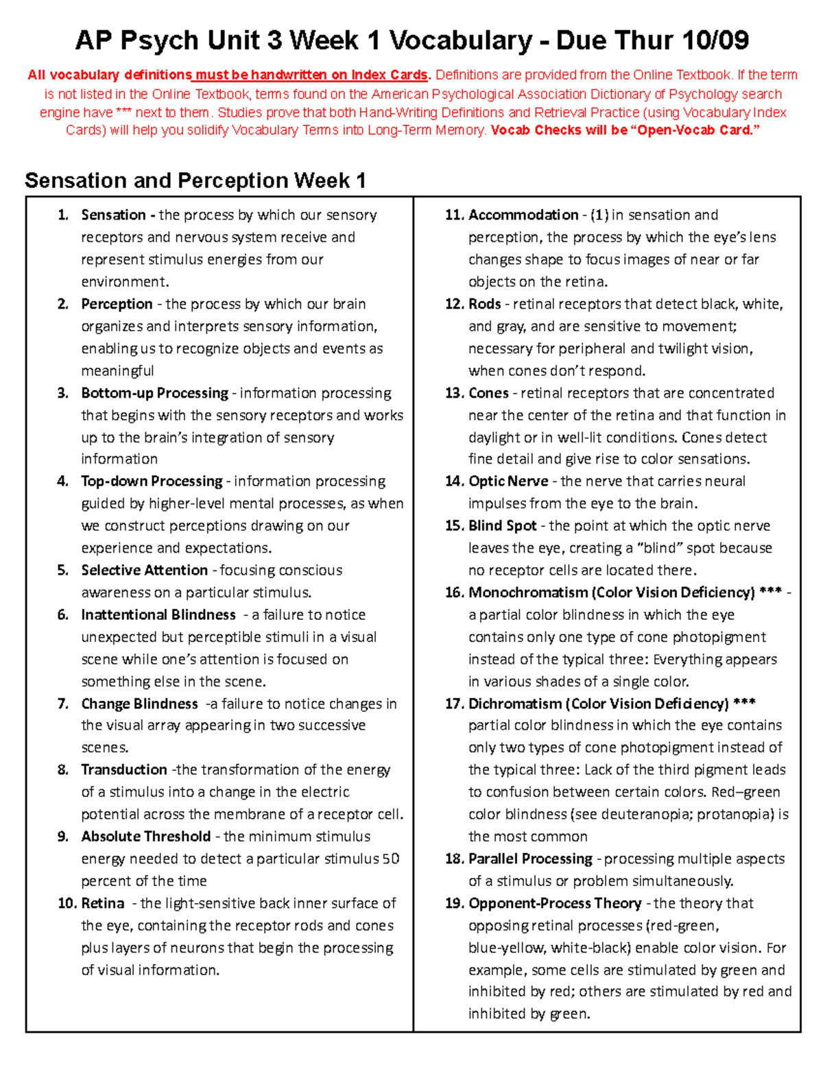 Psych 101 Unit 3 Week 1 Sensation & Perception Vocabulary Notes - Studocu
