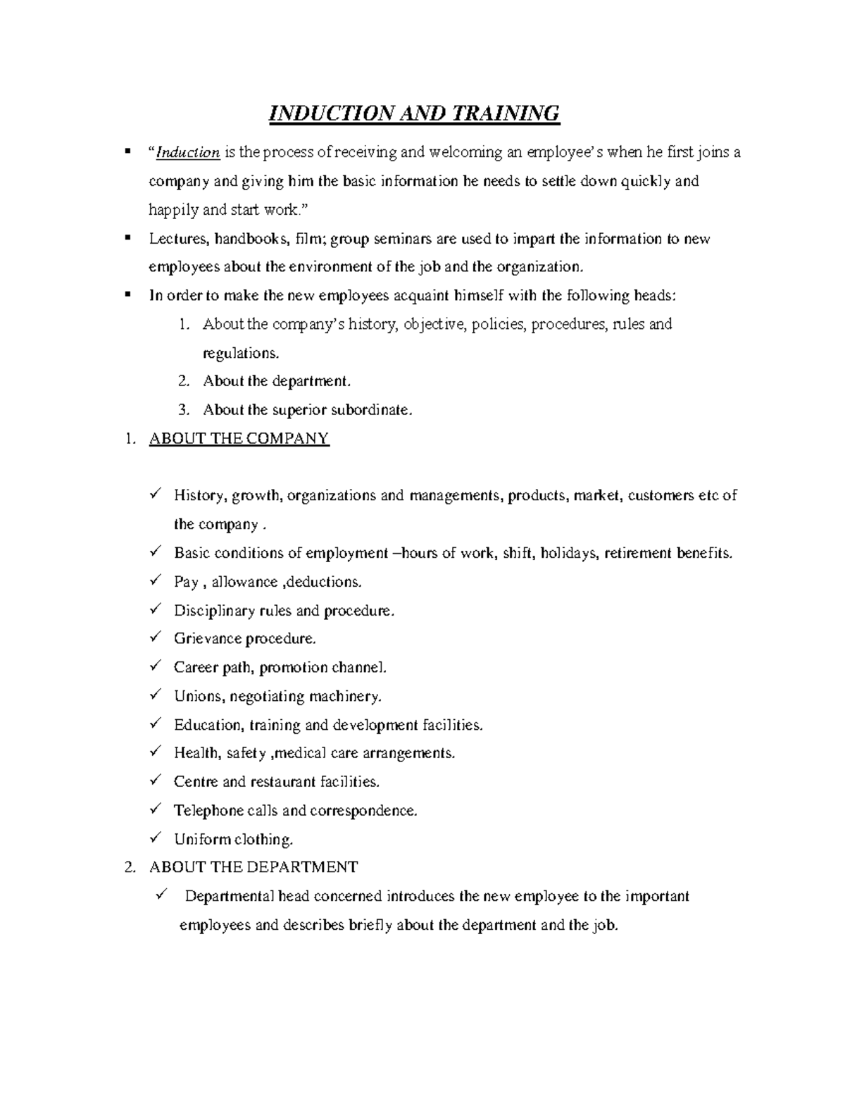 Induction and Training Notes for FOOD Material Management - Studocu