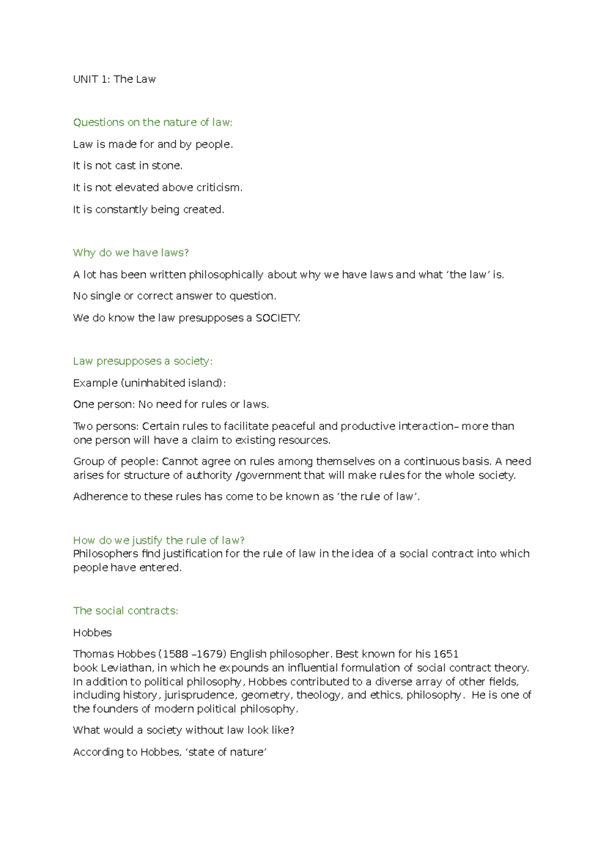 Unit 1: Nature of Law and Social Contract Theory - Semester Test Notes ...