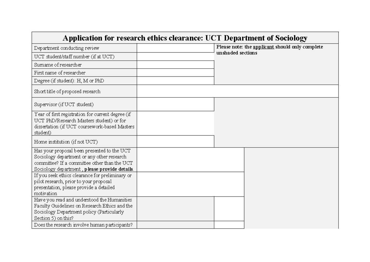 UCT Sociology Ethics Application Form for Research Clearance - Studocu