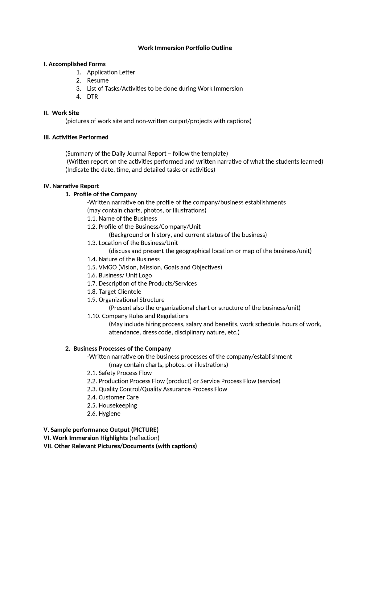 Work Immersion Portfolio Outline: Complete Guide for Students - Studocu