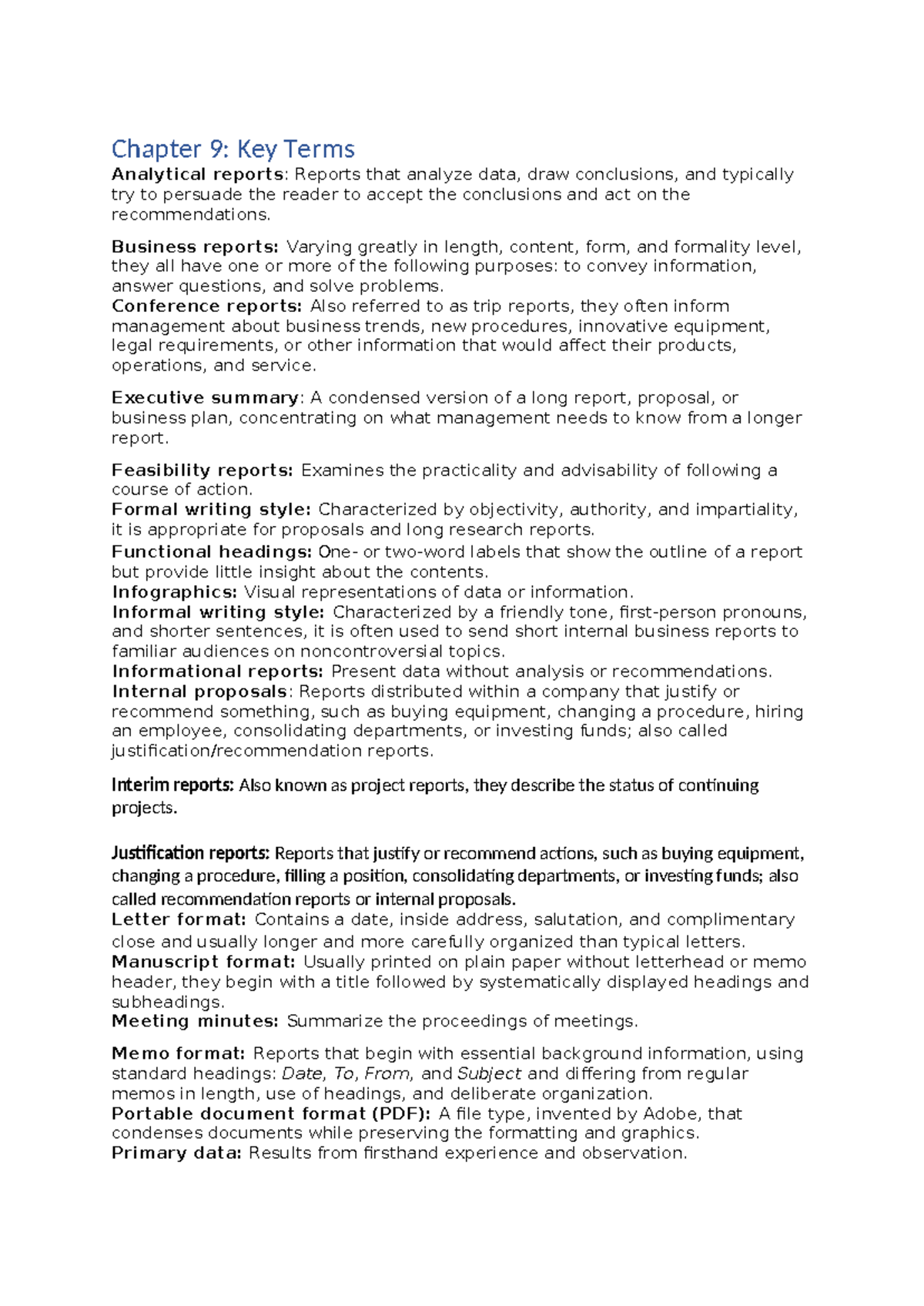 Key term Chapter 9-14 ( ans) - Chapter 9: Key Terms Analytical reports ...