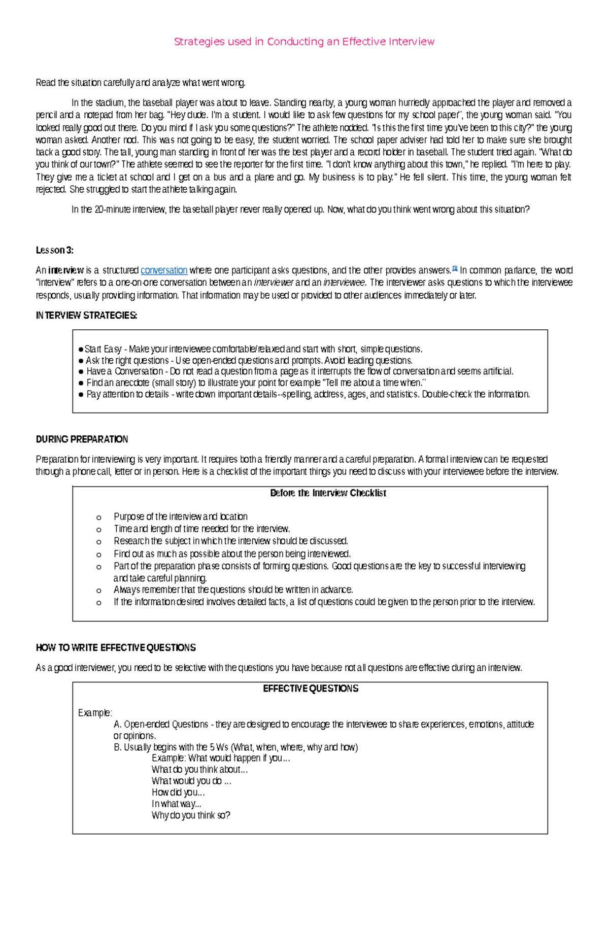 Strategies for Conducting Effective Interviews (Lesson 3) - Studocu