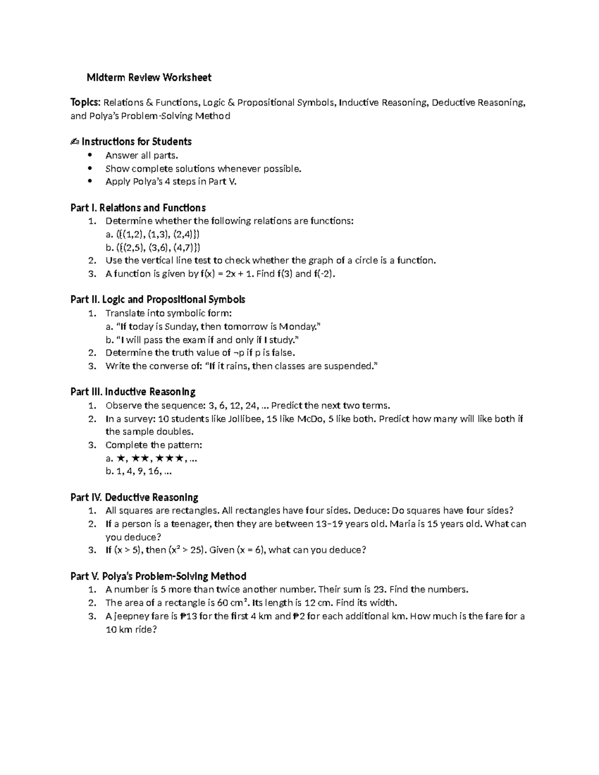 Midterm Review Worksheet: Relations, Logic, Inductive & Deductive ...