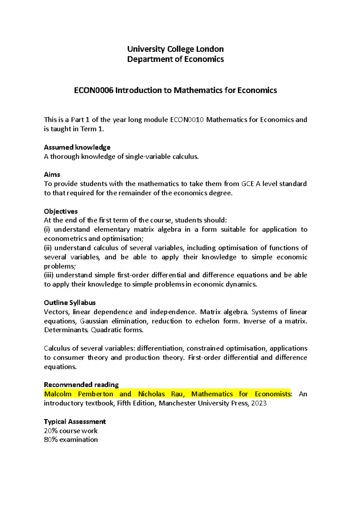 ECON0010 Term 1: Intro to Mathematics for Economics Part 1 - Studocu