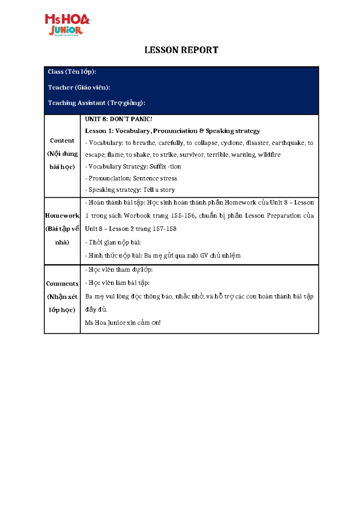 Lesson Report - U8 L1: Vocabulary & Speaking Strategy - Pioneer 2 - Studocu