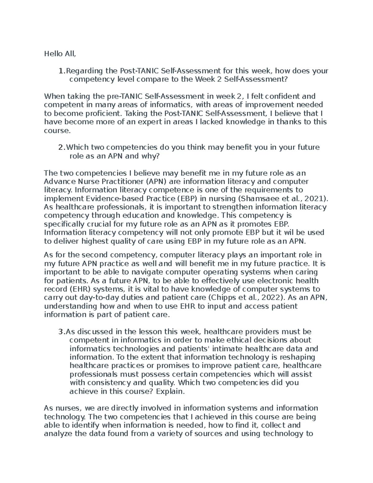 TANIC Week 7 Self-Assessment: Competency Growth Reflection - Studocu