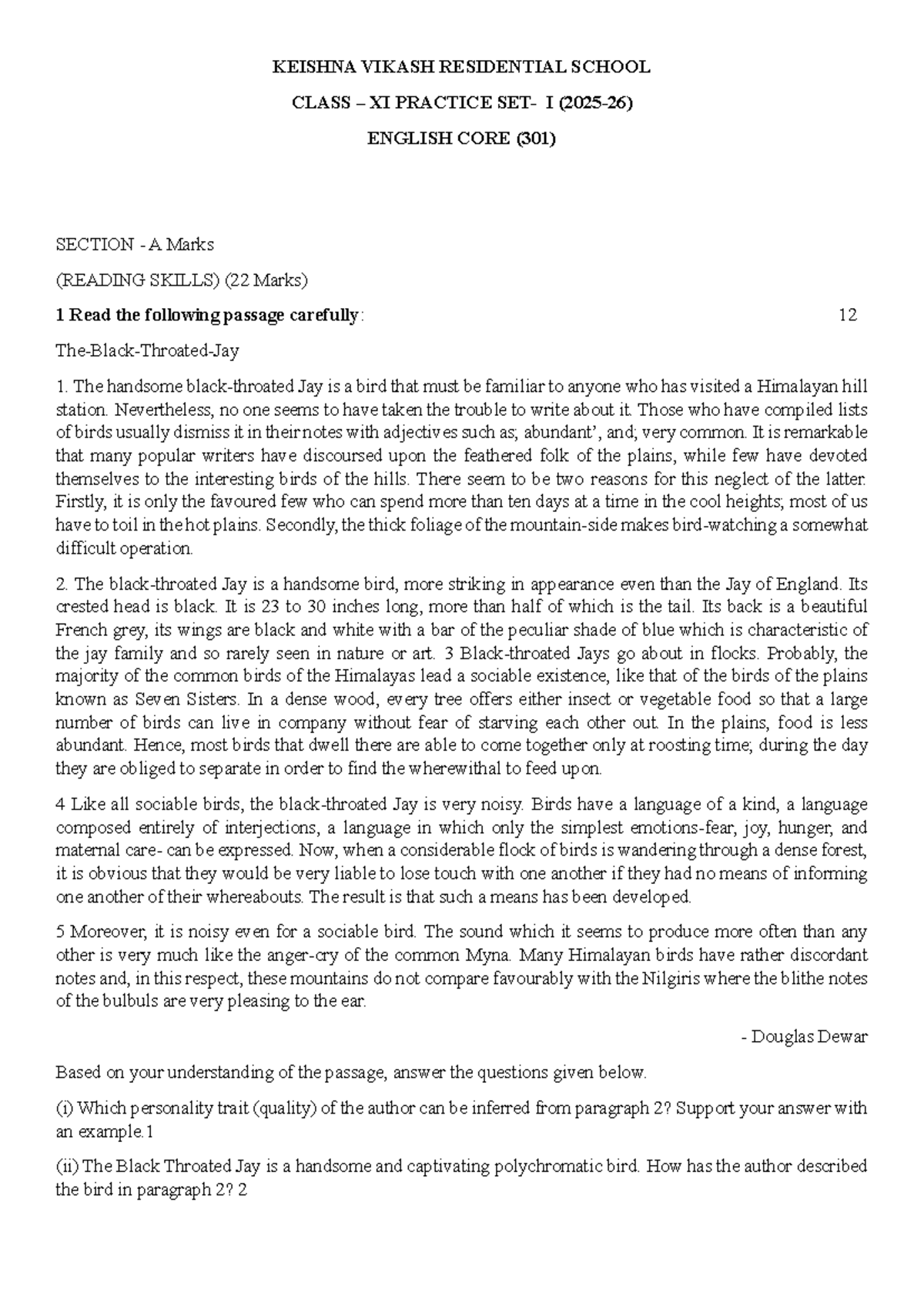 Class XI English Core (301) Practice I: Reading Skills & Creative ...